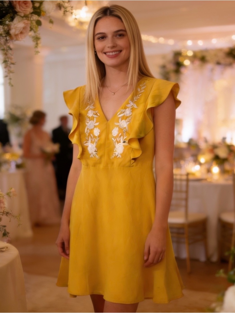 Lulu's yellow ruffle dress with white floral embroidery, like new!